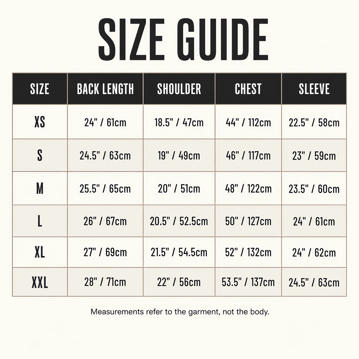 Size guide XS to 2XL with garment measurements