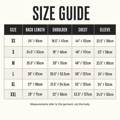 Size guide XS to 2XL with garment measurements